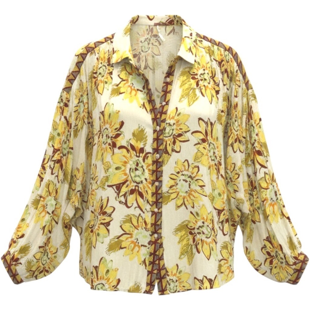Free People Yellow Sunflower Floral Batwing Blouse Oversized Button Down Medium‎